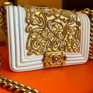 Chanel Versailles Gold and white embroidered mini boy